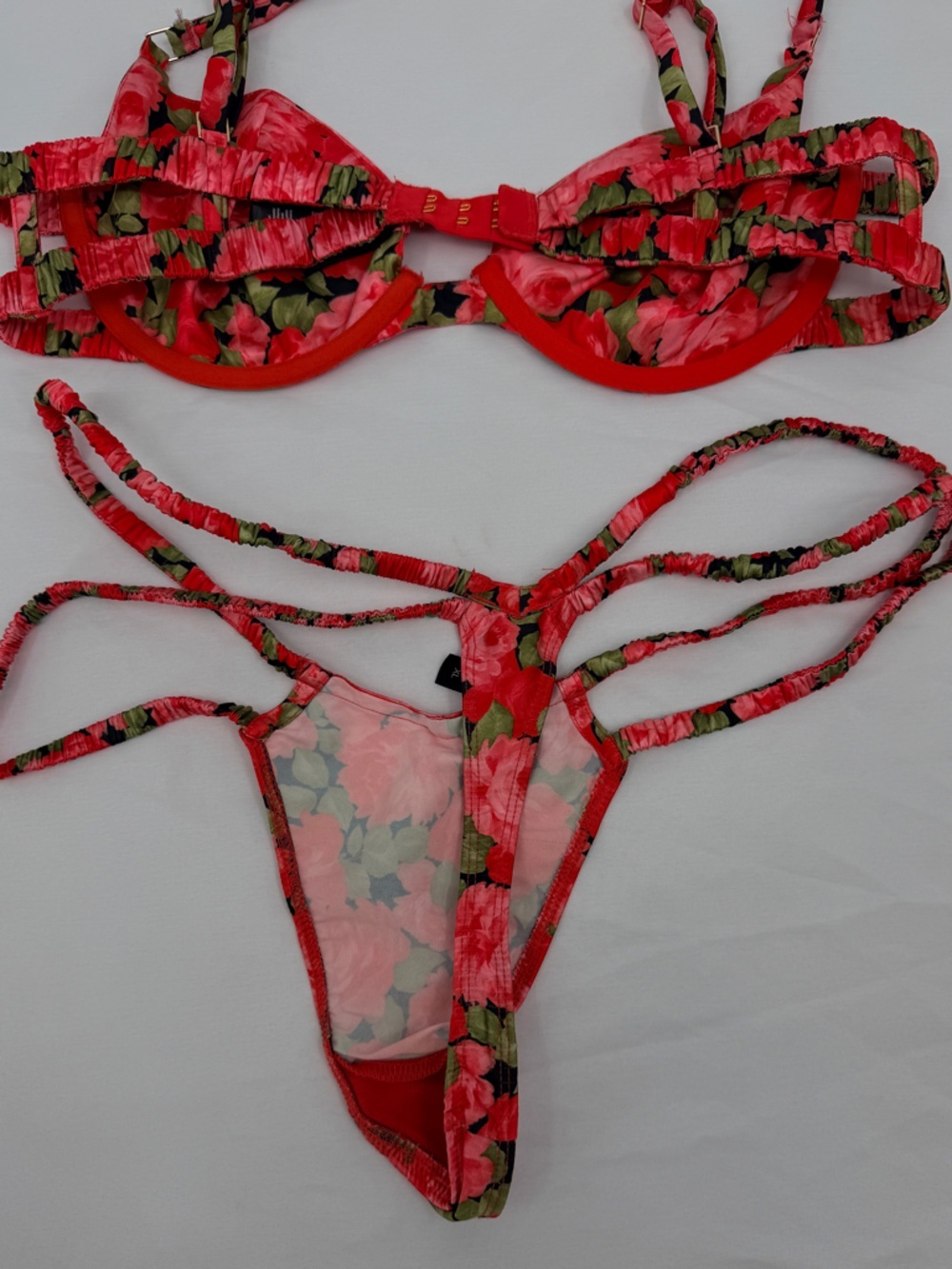 For Love & Lemons Floral Bikini Set L Top XL Bottom Strappy Red Swim - Picture 7 of 7